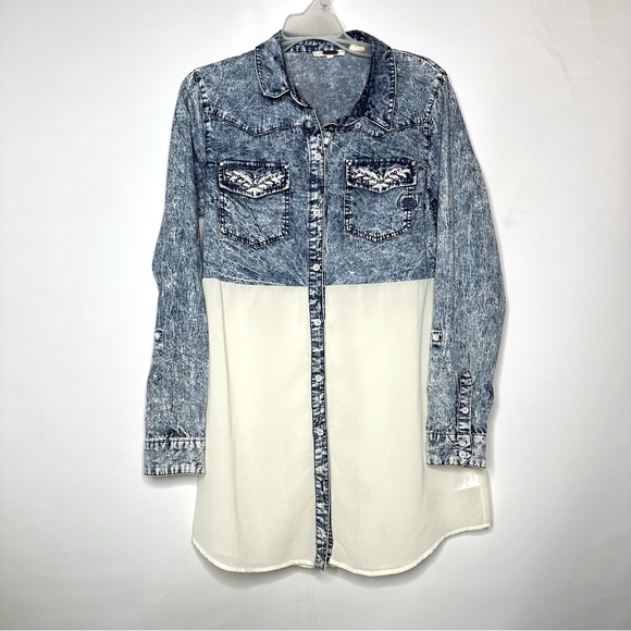 Miss Me Tops - Miss Me Two-Tone Acid Wash Western Button Down Collared Blouse, Size SMALL, 90s